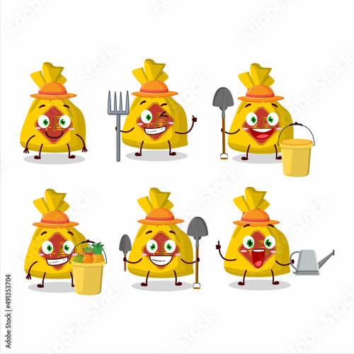 Farmer yellow bag chinese cute mascot character with fork