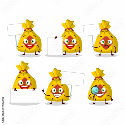 Yellow bag chinese cartoon character bring information board photo