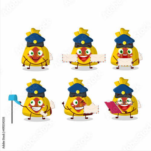 A picture of cheerful yellow bag chinese postman cartoon design concept