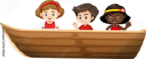 Boy and girl sitting on a boat on a white background