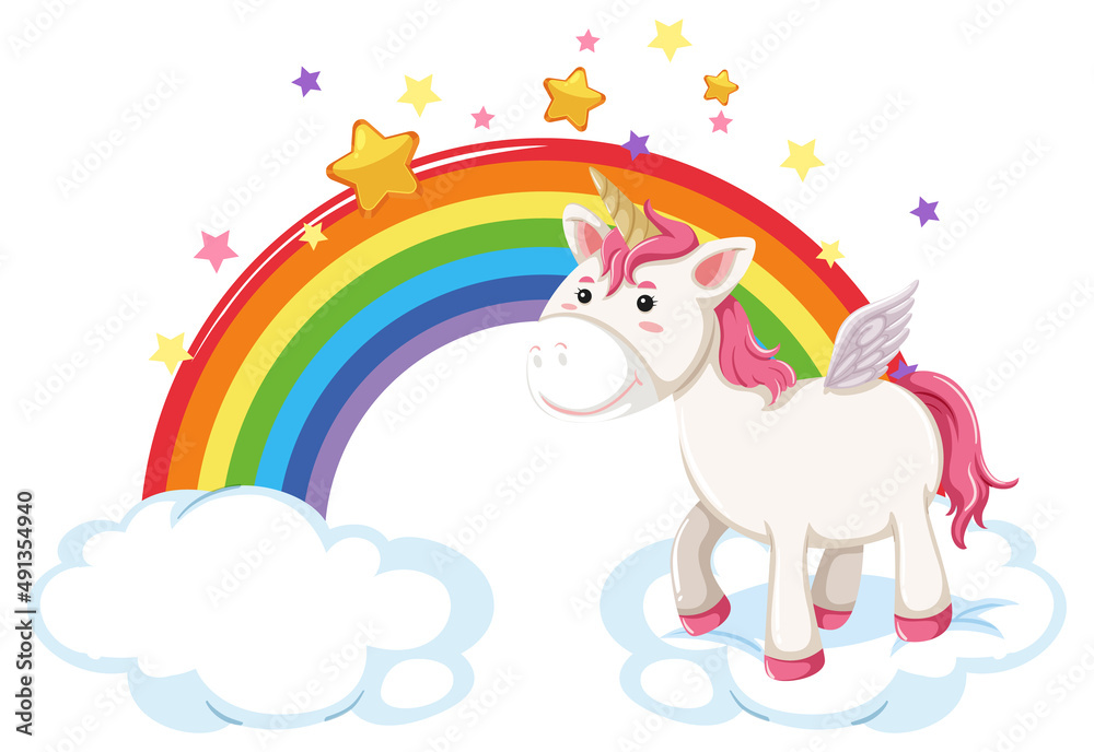 Pink pegasus standing on a cloud with rainbow Pink pegasus standing on a cloud with rainbow