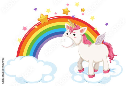 Pink pegasus standing on a cloud with rainbow
