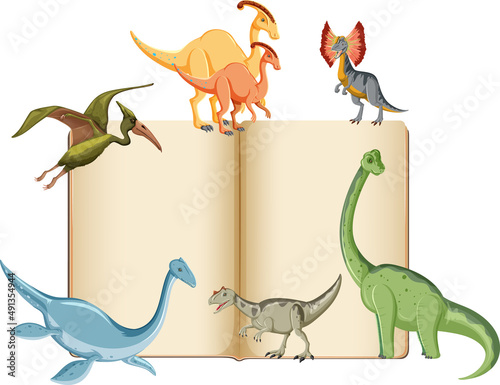 Group of dinosaurs around book on white background