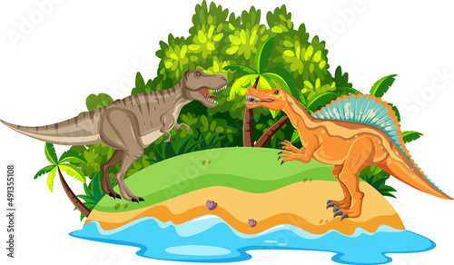 Scene with spinosaurus and T-Rex fighting