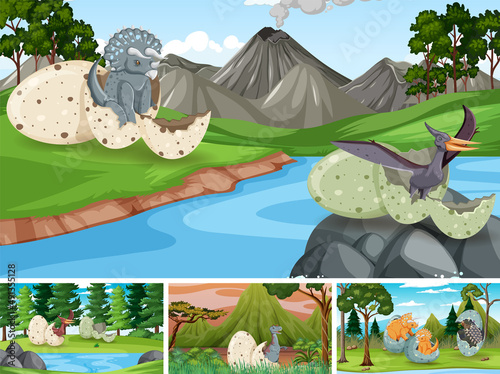 Scenes with dinosaurs in forest