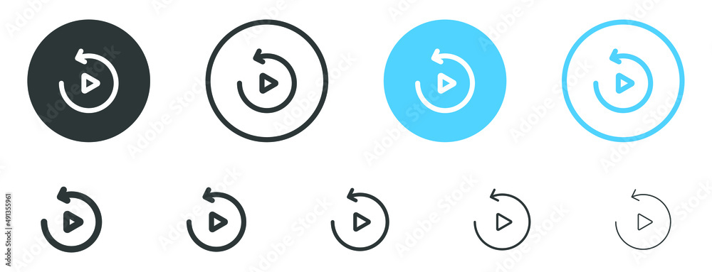 replay icon, reload video play button with rotate arrow icon - watch again symbol sign. refresh icons replay icon, reload video play button with rotate arrow icon - watch again symbol sign. refresh icons