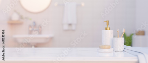 Elegant white bathroom interior with marble white countertop with copy space