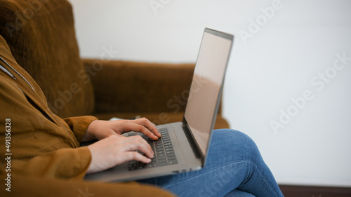 Side view, Female sits in comfortable sofa and working on laptop