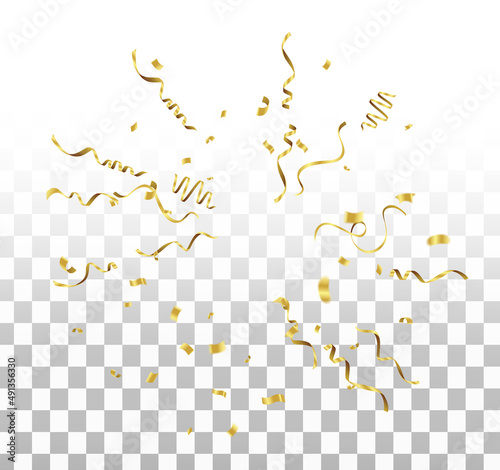 golden ribbon. Beautiful composition with glitter. explosion of colored confetti. Festive universal illustration. Congratulatory background for all holidays. Simple for the site  