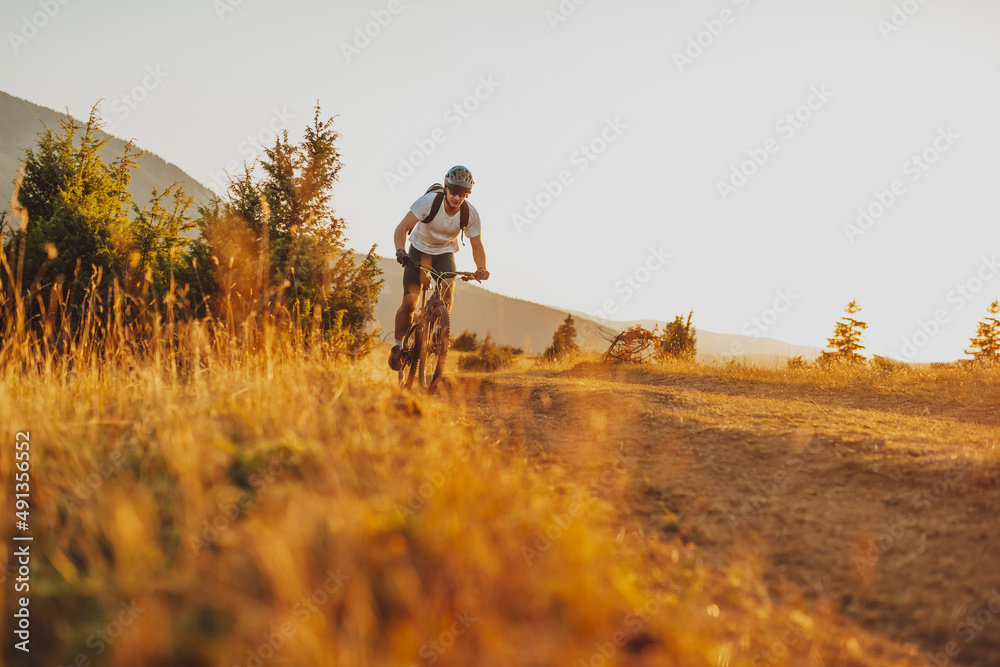 Obraz premium Cyclist Riding the Bike on the Trail in the Forest. Man cycling on enduro trail track. Sport fitness motivation and inspiration. Extreme Sport Concept. Selective focus
