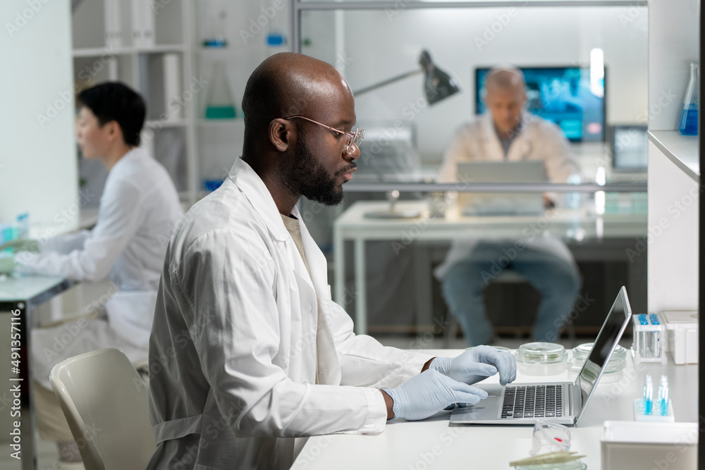 © pressmaster - Side view of young African American researcher in lab coat and surgical gloves typing on laptop keyboard while sitting by desk © pressmaster - Side view of young African American researcher in lab coat and surgical gloves typing on laptop keyboard while sitting by desk