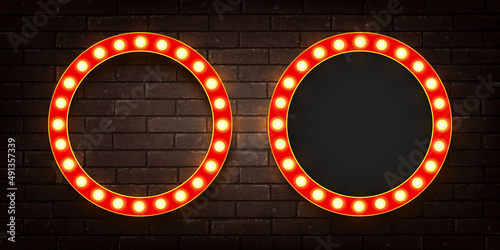 Vector realistic isolated red lightbox marquee circle frame with neon bulb lamps for template decoration on the wall background. Concept of cinema and theatre.