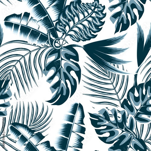 blue monochromatic rainforest plant drawing. tropical monstera palm leaves in vintage style. Elegant seamless botanical pattern white background. Nature ornament for textile, wallpaper, surface design