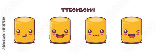 Tteokbokki cartoon illustration, korean traditional food, with different facial expressions