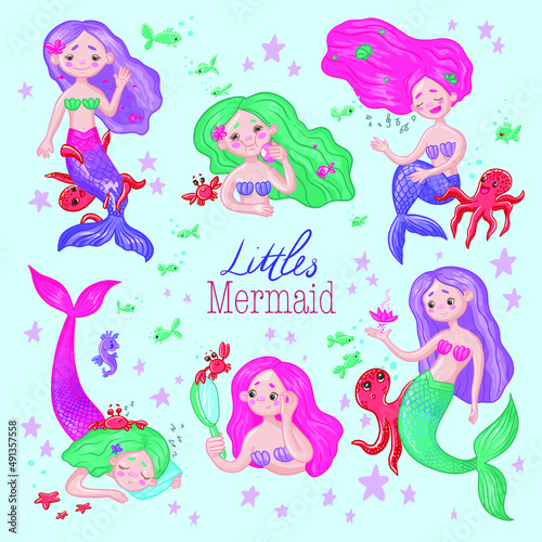 set of vector children's illustrations with cute little mermaids and their friends octopuses, crabs and fishes. 