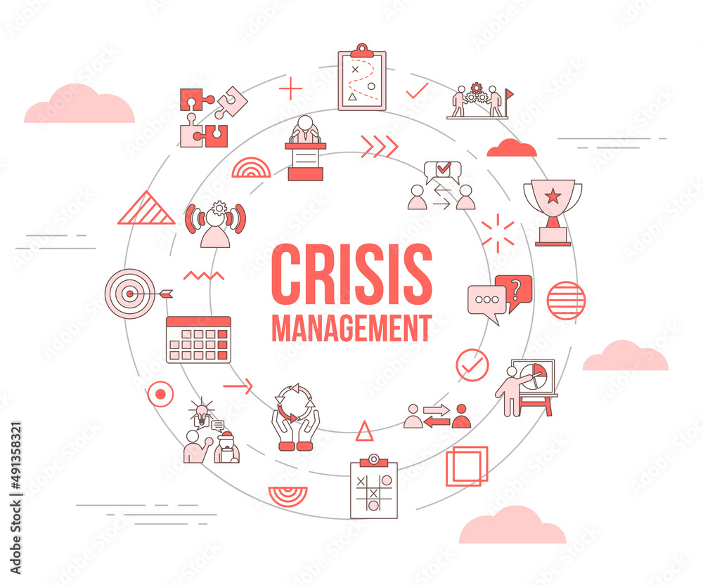 crisis management concept with icon set template banner and circle round shape