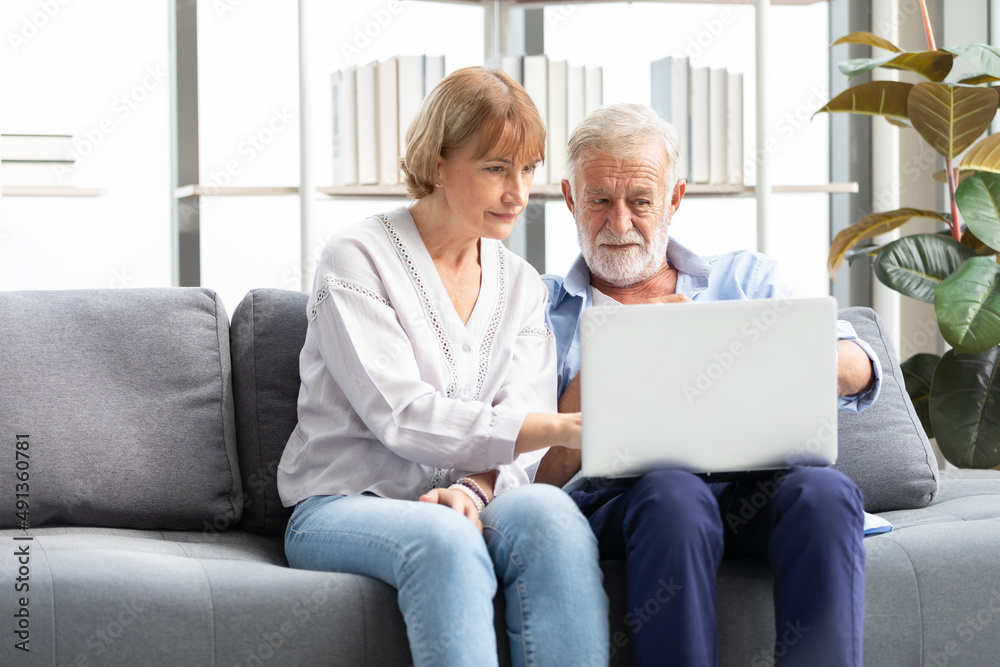 senior couple using laptop computer on sofa senior couple using laptop computer on sofa