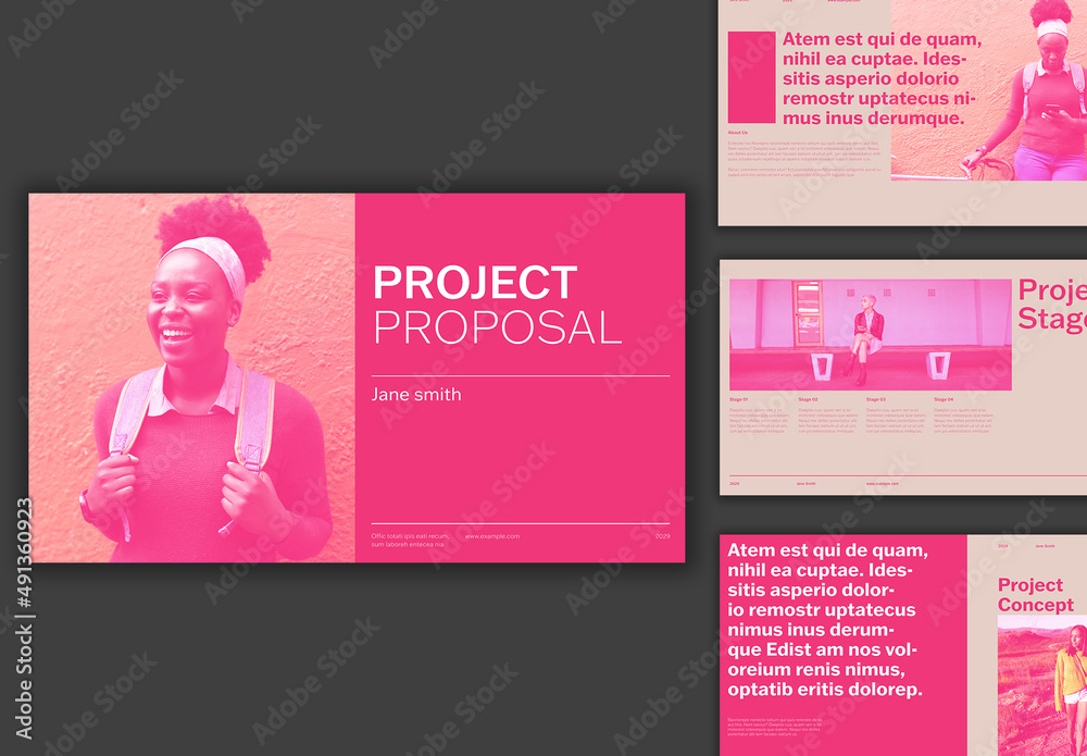 Pink Pitch Deck Layout with Pink Overlay Stock Template | Adobe Stock