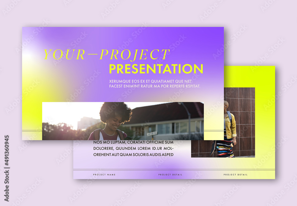 Pitch Deck with Purple and Yellow Accents Stock Template | Adobe Stock