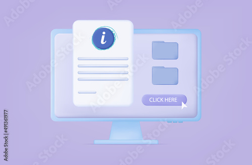 Information user manual 3d. Electronic guide, instruction. The procedure for studying the directory online. Document booklet with guide information icon on laptop screen. Approved rule for use. Vector