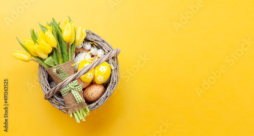 Easter greeting card with tulips and eggs