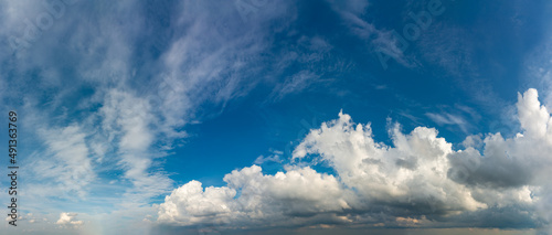 Fantastic clouds against blue sky, panorama
