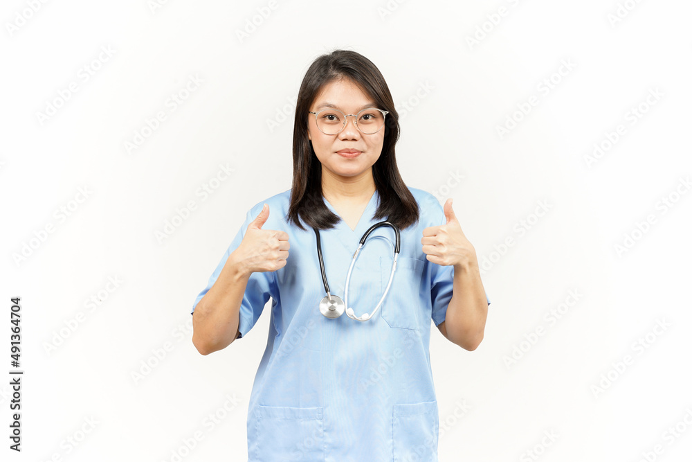 Showing Thumbs Up Of Asian Young Doctor Isolated On White Background Showing Thumbs Up Of Asian Young Doctor Isolated On White Background