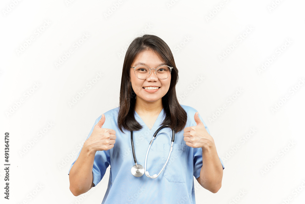 Showing Thumbs Up Of Asian Young Doctor Isolated On White Background Showing Thumbs Up Of Asian Young Doctor Isolated On White Background