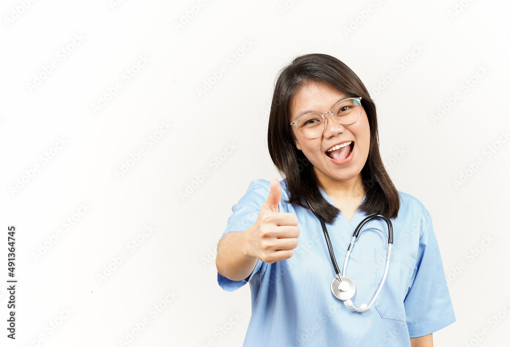 Showing Thumbs Up Of Asian Young Doctor Isolated On White Background Showing Thumbs Up Of Asian Young Doctor Isolated On White Background