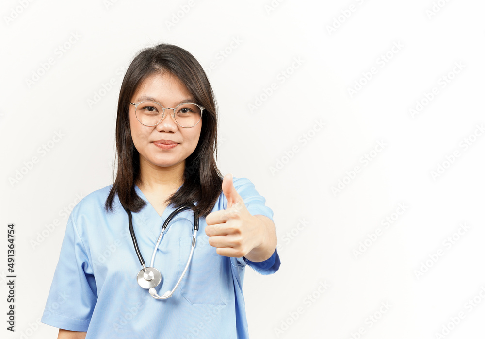 Showing Thumbs Up Of Asian Young Doctor Isolated On White Background Showing Thumbs Up Of Asian Young Doctor Isolated On White Background