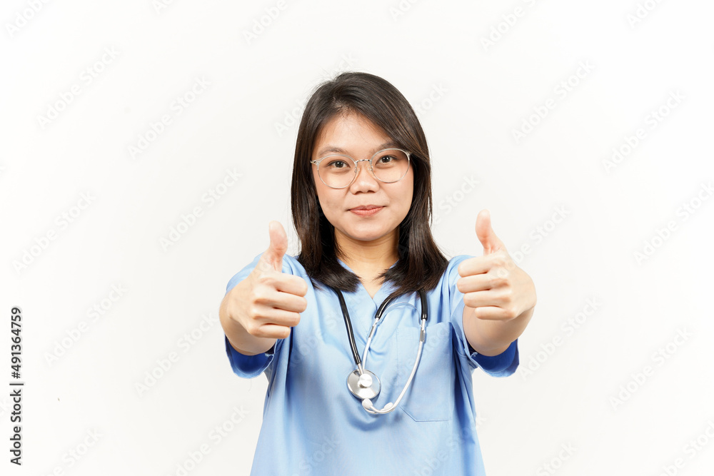 Showing Thumbs Up Of Asian Young Doctor Isolated On White Background Showing Thumbs Up Of Asian Young Doctor Isolated On White Background