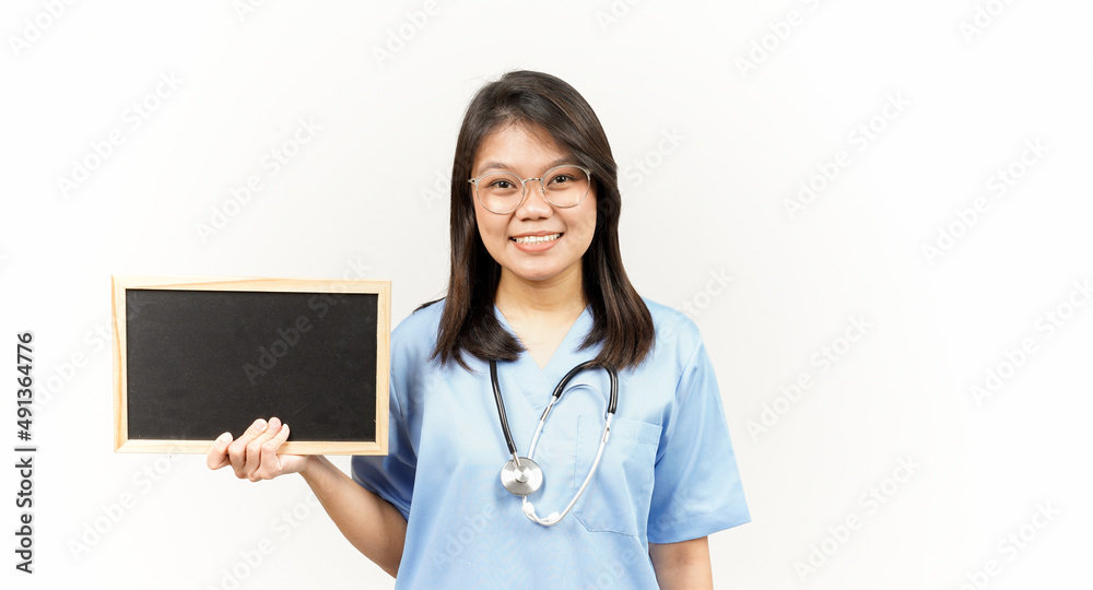 Showing, Presenting and holding Blank Blackboard Of Asian Young Doctor Isolated On White Background Showing, Presenting and holding Blank Blackboard Of Asian Young Doctor Isolated On White Background
