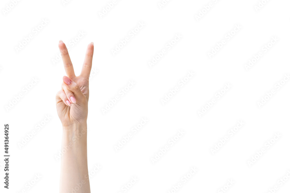 Peace gesture. Fan support. Positive expression. OK satisfaction. Female hand showing V sign with two fingers up isolated on white copy space advertising background.