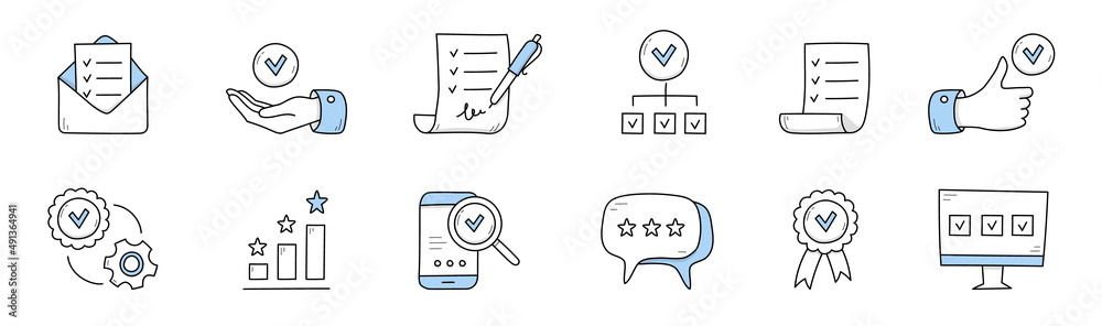 Quality control doodle icons envelope with check list, hand with tick, document with pen and inscription, thumb up gesture, gear, stars and column chart, smartphone, medal Line art vector illustration - obrazy, fototapety, plakaty 
