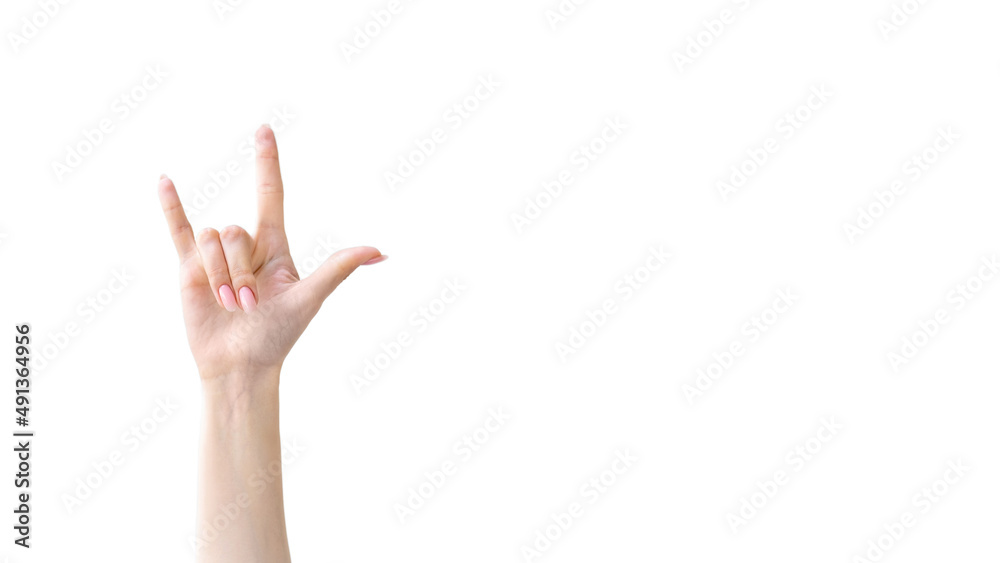 Rock gesture. Fan support. Fun greeting. Winner congratulation. Female hand showing joy horn sign isolated on white empty space advertising background. Rock gesture. Fan support. Fun greeting. Winner congratulation. Female hand showing joy horn sign isolated on white empty space advertising background.