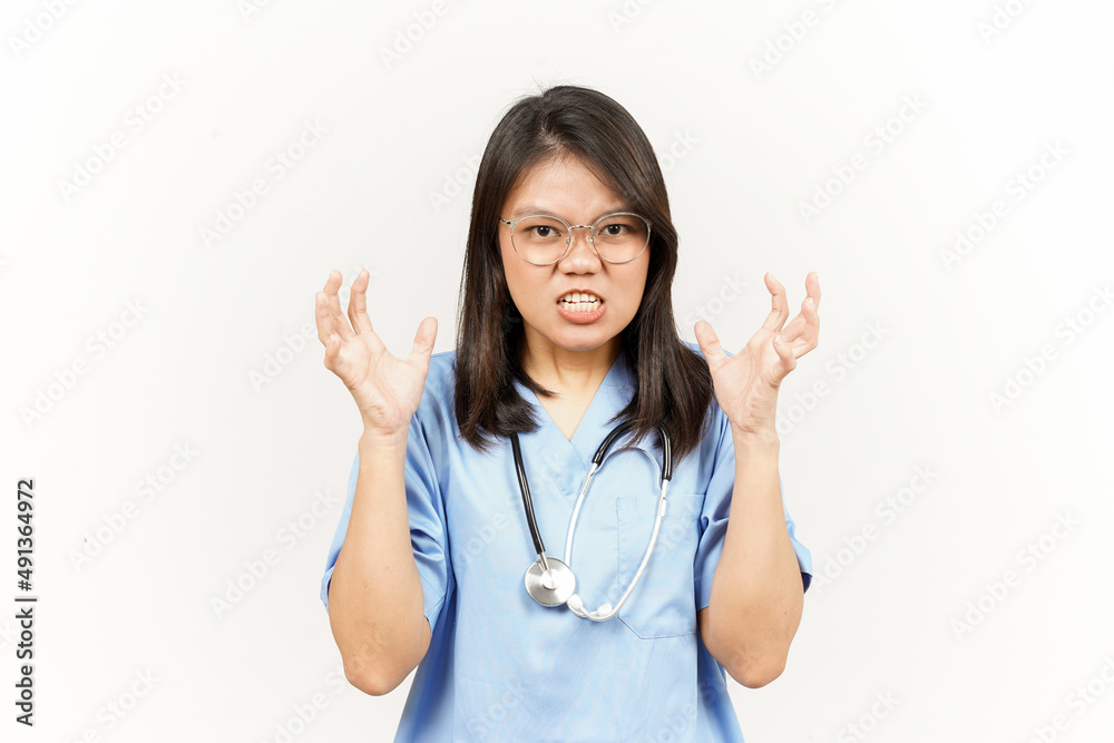 Angry Gesture Of Asian Young Doctor Isolated On White Background Angry Gesture Of Asian Young Doctor Isolated On White Background