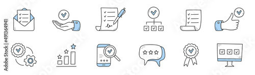 Quality control doodle icons envelope with check list, hand with tick, document with pen and inscription, thumb up gesture, gear, stars and column chart, smartphone, medal Line art vector illustration