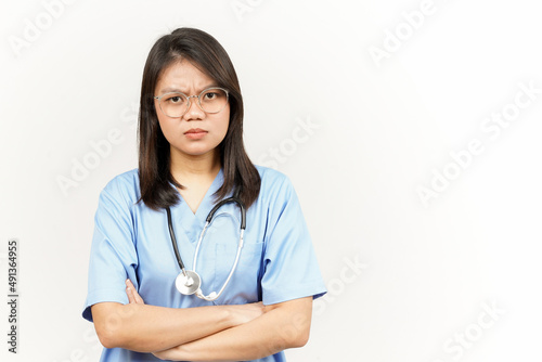Angry Gesture Of Asian Young Doctor Isolated On White Background