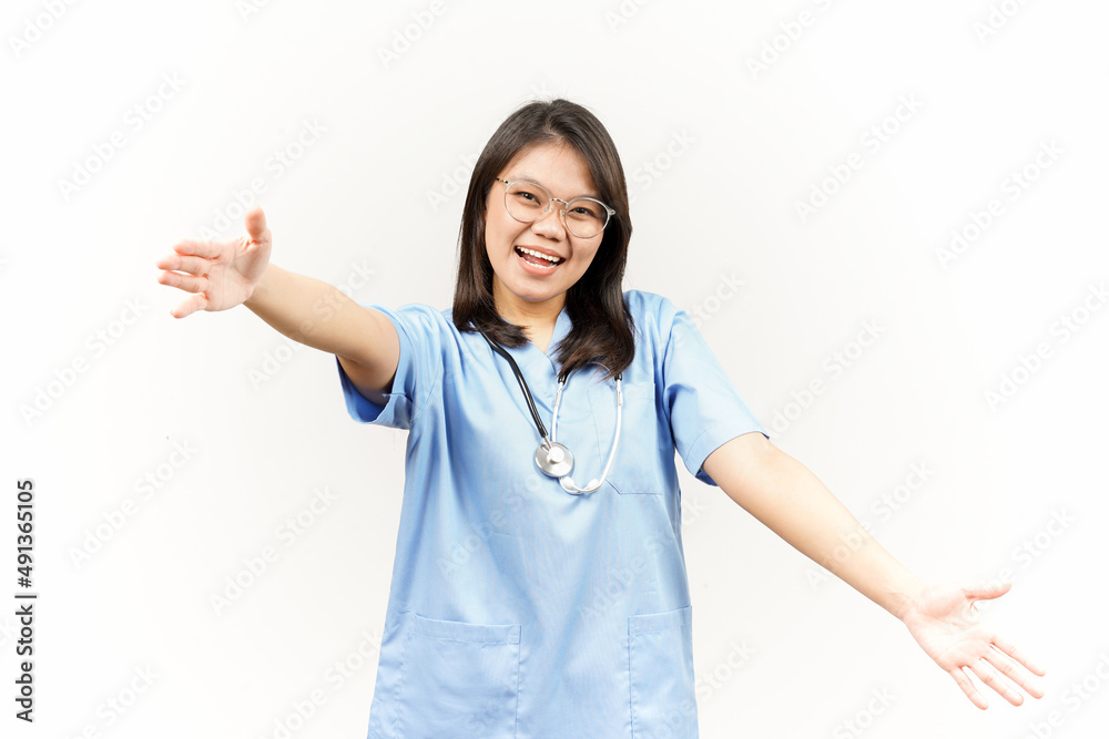 Offering Hug Of Asian Young Doctor Isolated On White Background Offering Hug Of Asian Young Doctor Isolated On White Background
