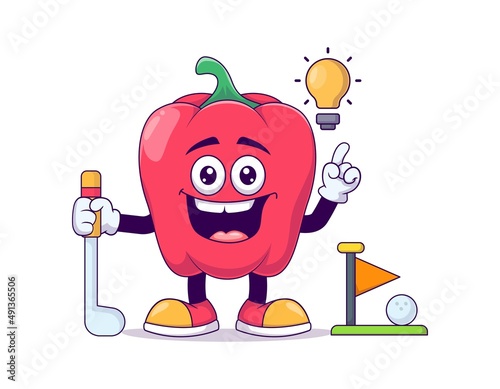 red bell pepper playing golf cartoon mascot character vector illustration design