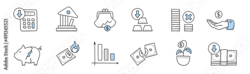 Finance crisis, money loss doodle icons calculator, broken bank building, purse with dollar coin, gold bars, broken piggy bank, burning currency bill, withered money tree, Line art vector illustration
