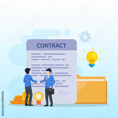 Agreement concept. Business people standing on a signed contract. flat vector illustration