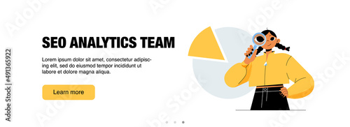 SEO analytics team banner. Service for keyword research, analysis digital traffic, marketing strategy. Vector poster of search engine optimization agency with flat illustration of woman and diagram