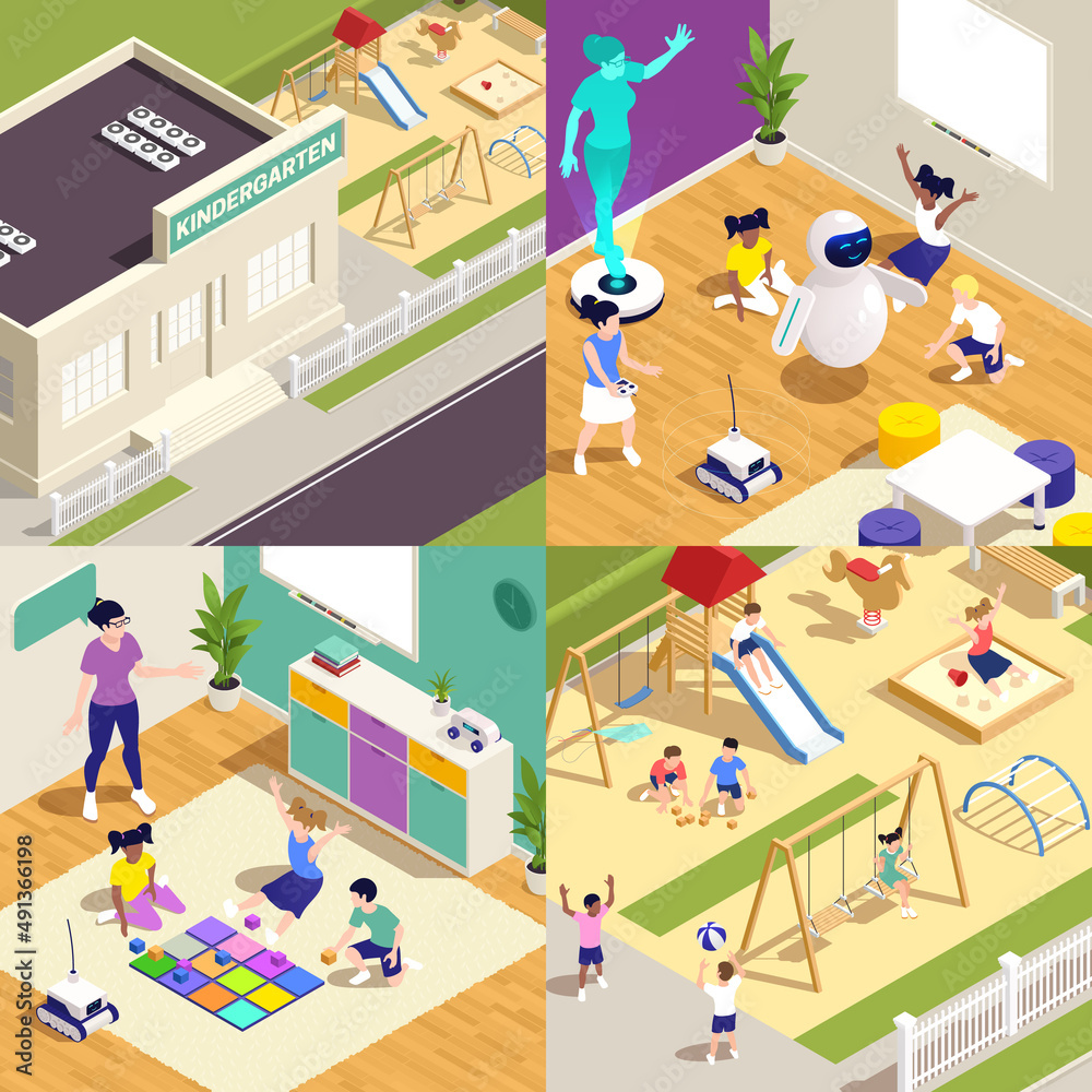 Kindergarten Colored Isometric Icon Set