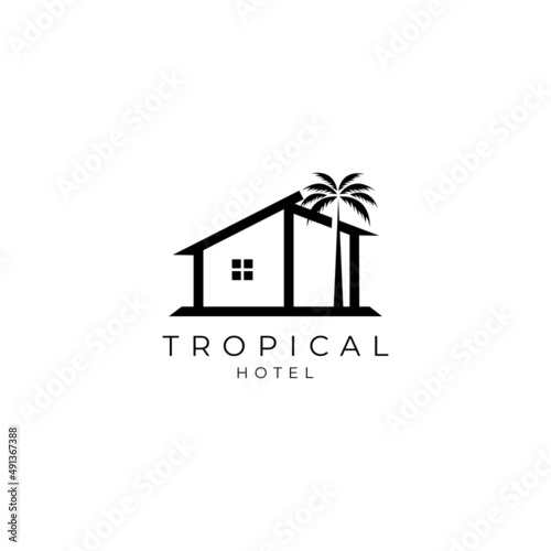 house with palm tree logo vector, tropical beach home or hotel icon design illustration