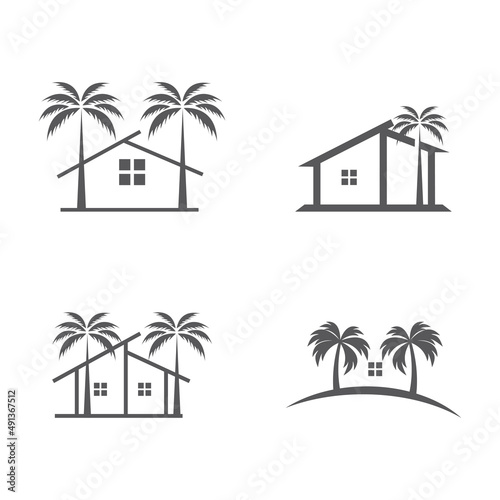 house with palm tree logo vector, tropical beach home or hotel icon design illustration