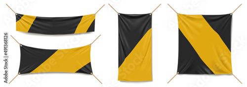 Vinyl banners, canvas posters hanging with ropes template. Vector realistic set of black and yellow fabric advertising streamers. Mockup of empty textile placards isolated on white background
