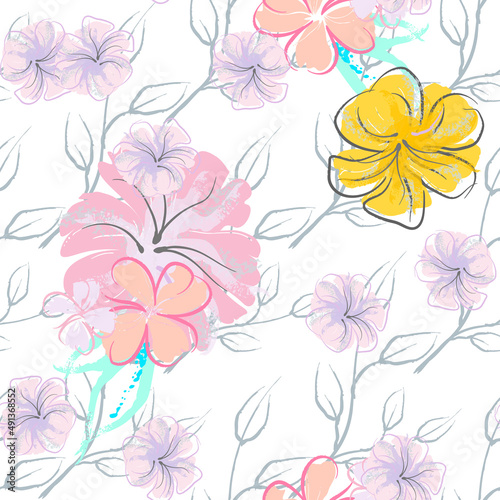 Pink Flowers Blooming Pattern. Pastel Watercolor. © Сашка Шаргаева