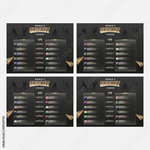 Set Of Women's Cricket Match Schedule Between Participated Countries Against Black Silhouette Players Background.