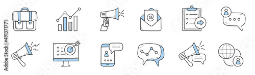 Digital marketing, business online advertising campaign icons. Vector doodle set of symbols of market strategy in internet and social media with megaphone, mobile phone, graph, target and briefcase